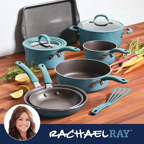 Rachael Ray Cook + Create Aluminum Nonstick Cookware Set, 10-Piece, Agave Blue