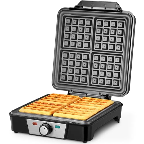 Belgian Waffle Maker 4 Slices, 1200W Waffle Iron, Anti-Overflow Waffle Iron with Browning Knob, Nonstick Plates, Indicator Lights, Silver/Black (Black, Silver)