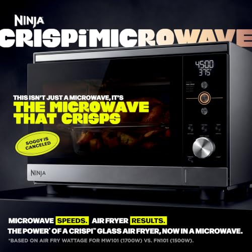Ninja Crispi Microwave and Air Fryer with FusionCrisp, 14-in-1, 1000W, 0.9 Cu. Ft., Max Crisp, Roast, Bake, Broil, 8 Microwave Presets, Popcorn, Defrost, and more, PFAS-Free Glassware, Silver, MW101