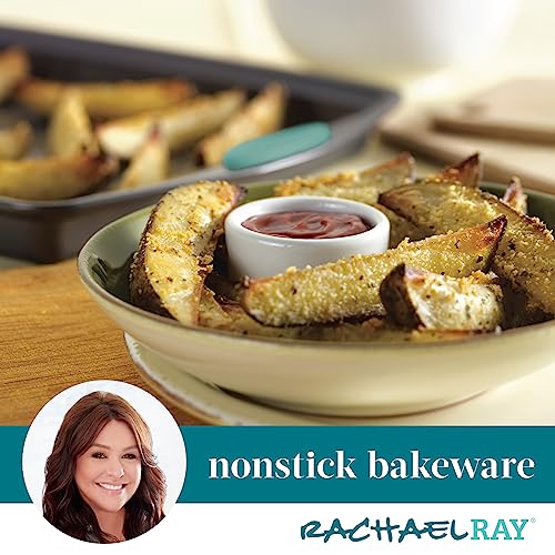 Rachael Ray Nonstick Baking Pans Set, 3-Piece Cookie Pan Bakeware, Gray with Agave Blue Silicone Grips