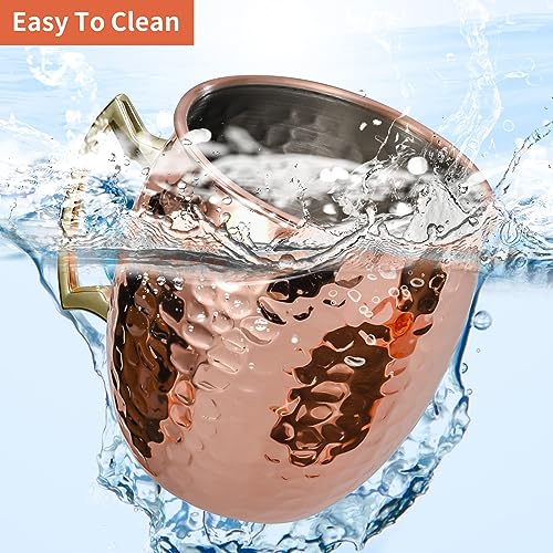 Amrules Moscow Mule Mugs Set of 4, 16 OZ Hammered Copper Cups with 304 Stainless Steel Lining and Gold Brass Handles, for Cold Drinks, Beer, Wine, Bars, Parties