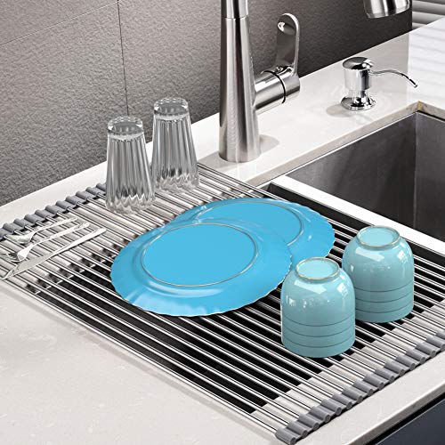 SunCleanse Roll-Up Dish Rack 17.8" x 15" Grey Over Sink Drainer Foldable