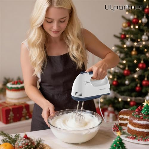 LILPARTNER Hand Mixer Electric, Ultra Power Kitchen Hand Mixer With 7-Speed & 5 Stainless Steel Accessories for Whipping Dough, Cream, Cake, Dishwasher Safe, Light White