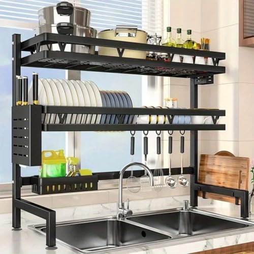 LeVcoecam 3-Tier Over Sink Dish Draining Rack Adjustable Width and Height with Phone Holder Cup Holder, Knife and Chopstick Holder, Cutting Board Rack, Space-Saving Rack