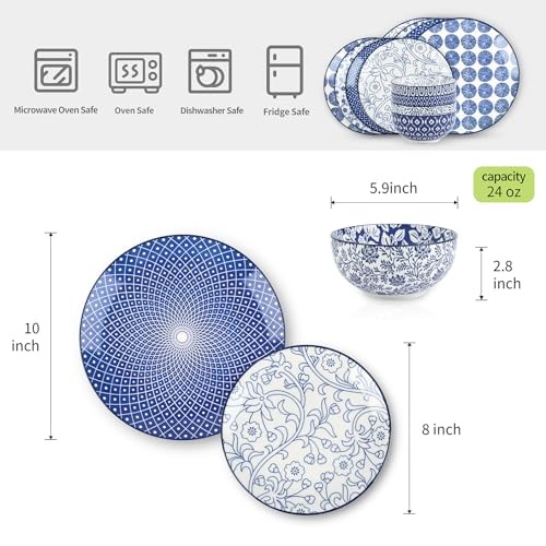 Selamica Ceramic Dinnerware Sets, 12-Pieces Plates and Bowls Sets, Scratch Resistant Dishes set for 4, Dishwasher & Microwave Safe,Vintage Blue