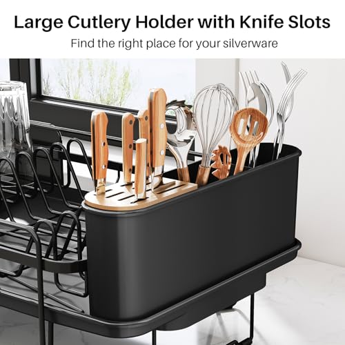 SNTD Dish Drying Rack - Large Dish Racks for Kitchen Counter, Expandable Dish Drainers with Cutlery Holder Stainless Steel Rustproof, Black