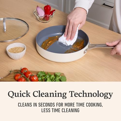 Calphalon Ceramic Nonstick 3 Quart Saute Pan with Lid, Easy Cleanup Ceramic Pan for Sauteing, Searing, PFAS-Free Cookware, Dishwasher Safe, Metal Utensil Safe, Flour