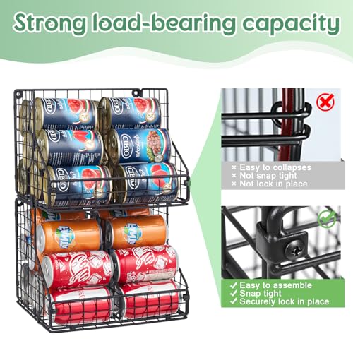 Stackable Can Organizer for Pantry with 2 Adjustable Dividers, Soda Can Organizer, Can Storage Dispenser Holds up to 28 Cans, 2 tier Metal Wire Baskets Can Holder for Kitchen Cabinet Pantry, Black