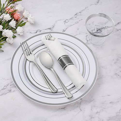 Goodluck 175 Piece Silver Plastic Dinnerware Set for 25 Guests, Fancy Disposable Plates for Party, Include: 25 Dinner Plates, 25 Dessert Plates, 25 Pre Rolled Napkins with Silver Silverware, 25 Cups