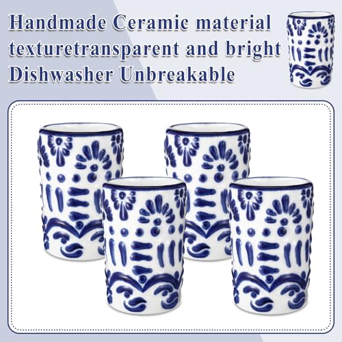 Roshtia 6 Pcs Mexican Tequila Shot Glasses Set 2 oz Talavera Shot Glasses Handmade Ceramic Cups with White Decoration Mexican Pottery Gift Mugs for Tequila Lover Bachelorette Party(Blue)