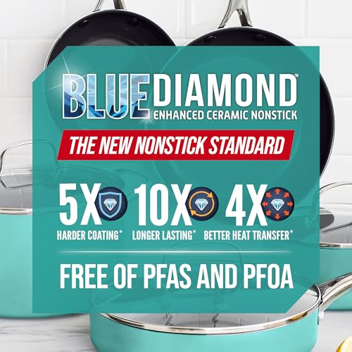 Blue Diamond 8" Nonstick Frying Pan Skillet, Diamond Infused Ceramic PFAS-Free, Dishwasher & Oven Safe, Stay Cool Handle, Durable Non Toxic Metal Utensil Safe, Egg & Omelet Pan, Turquoise