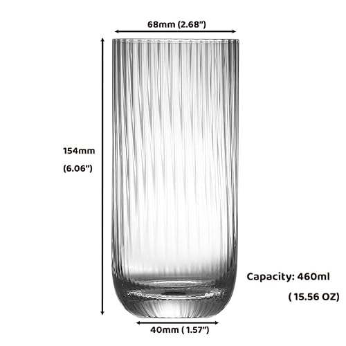 Collins Glasses Set of 6,Highball Glass Set, 15.3 oz, Clear Ribbed Design for Water, Cocktails, Mojito