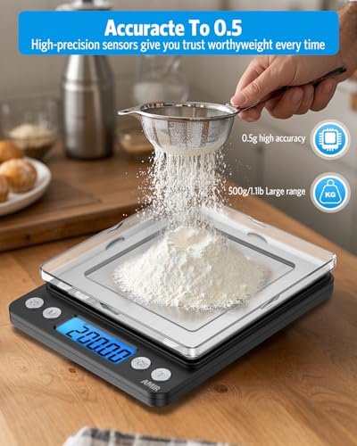 AMIR Digital Kitchen Scale, 500g/0.01g Mini Pocket Jewelry Scale, Cooking Food Scale with Backlit LCD Display, 2 Trays, 6 Units, Auto Off, Tare, PCS Function, Stainless Steel, Battery Included, Black