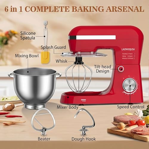 LAZMOQUSA 6in1 Stand Mixer with 6.5 Quart Bowl, 660W 10+p Speeds Kitchen Food Mixer Tilt-Head Bread Dough and Cake Mixers for Home Daily Use (Red)