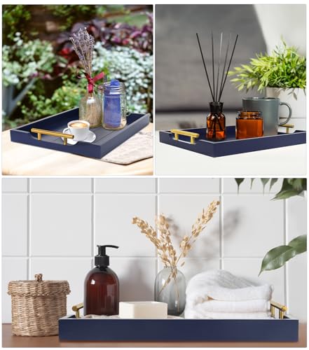 SXNOWS Coffee Table Tray - Large Ottoman Tray for Living Room - Wood Serving Tray with 2 Sets of Handles - Wooden Trays for Coffee Tables, 4 Round Coasters Included, Deep Blue