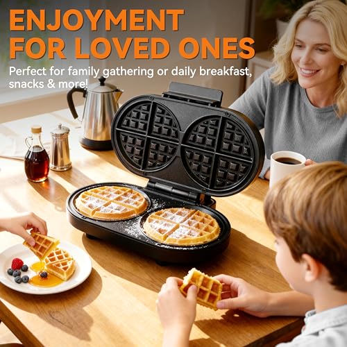 Baker’s Friend Double Belgian Waffle Maker Thick, 2 X 6” Round Waffle Maker, Belgium Waffle Iron, Waflera Electrica with Non-stick Plates, 1200W, Perfect for Kids & Family Breakfast, Graphite