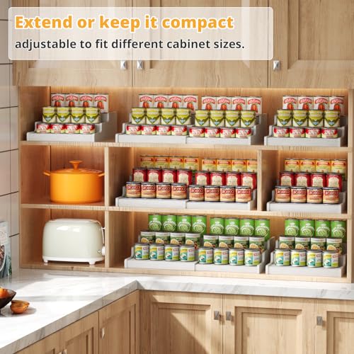 Expandable Bamboo Can Rack Organizer for Pantry, 3-Tier Adjustable Can Storage for Kitchen Cabinets, Soda & Canned Goods Holder for Pantry Organization, Holds Up to 24 Cans, White (Patent Pending)