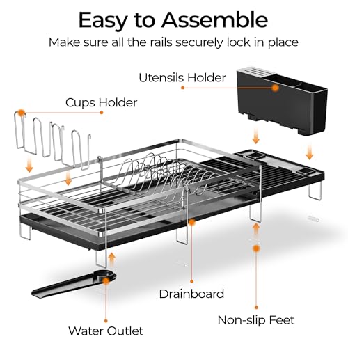 Delamu Stainless Steel Dish Drying Rack, Expandable Dish Drainer, Anti-Rust Large Dish Racks for Kitchen Counter, Dish Strainers with Drainboard, Utensil & Cup Holder, 13.4"-28.7" L x 11.8" W, Silver