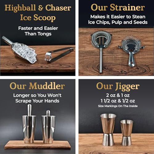 Highball & Chaser 13-Piece Boston Cocktail Shaker Set Stainless Steel Mixology Bartender Kit With Stand For Home Bar Cocktail Set | Laser Engraved Cocktail Tools | Plus E-Book with 30 Cocktail Recipes