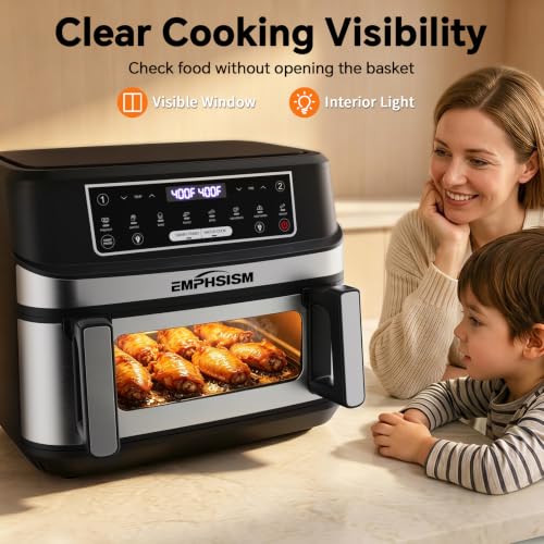 Emphsism 12QT Large Dual Zone Air Fryer with Divider, Match Cook & Smart Finish, Air Fry/Roast/Bake/Toast/Dehydrate/Reheat/Keep Warm/Preheat, Nonstick Dishwasher-Safe Basket, Digital Touchscreen