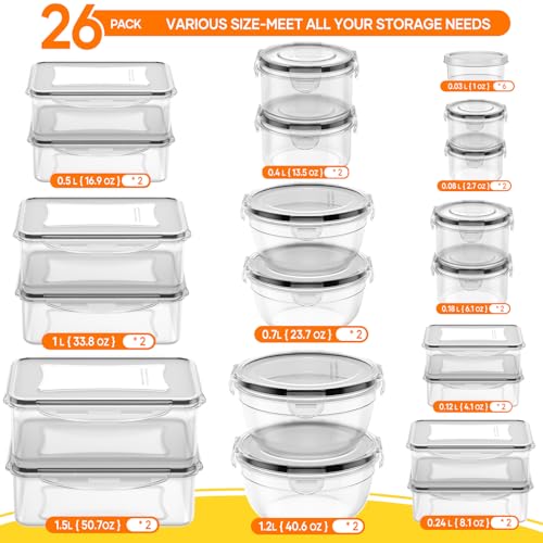 52 PCS Food Storage Containers with Lids Airtight (26 Lids & 26 Containers)- Reusable Plastic Leakproof Meal-Prep Container for Kitchen Storage Organization Microwave/Dishwasher Safe with Labels & Pen - My Kitchen Products