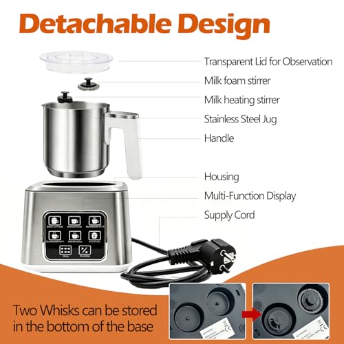 6-in-1 Electric Milk Frother and Steamer, Large Capacity & Detachable Electric Milk Frother and Warmer, Automatic Hot & Cold Foam Maker, with Stainless Steel Jug, 16.91oz/500ml for Coffee - My Kitchen Products