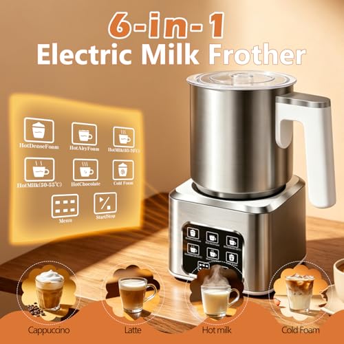 6-in-1 Electric Milk Frother and Steamer, Large Capacity & Detachable Electric Milk Frother and Warmer, Automatic Hot & Cold Foam Maker, with Stainless Steel Jug, 16.91oz/500ml for Coffee - My Kitchen Products