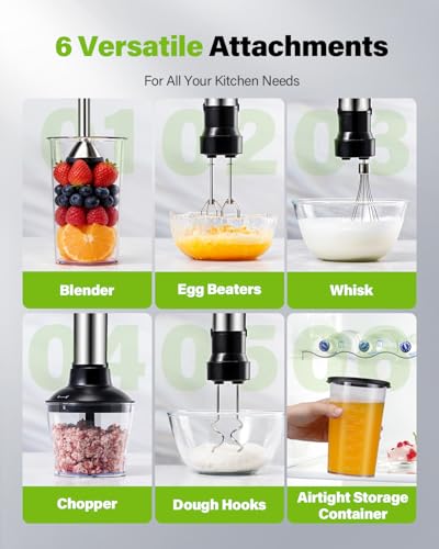 6-in-1 Immersion Blender, 1000W Hand Blender with 20 Speeds, Scratch-Resistant Stick Mixer with Whisk, Chopper, Beaker, Egg Beaters & Dough Hooks – Heavy Duty Hand Mixer, Black - My Kitchen Products