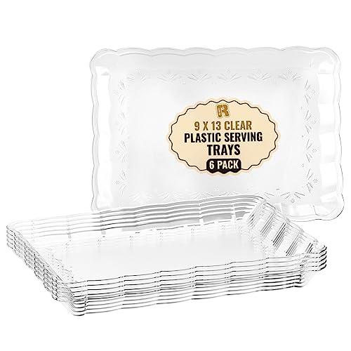 6 Pack Clear Plastic Serving Trays for Party, 9 x 13 Inch - Heavy Duty Plastic Trays for Food - Rectangular Party Serving