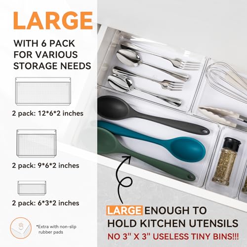 6 Pack Large Clear Plastic Drawer Organizer Trays, Acrylic Kitchen Drawer Organization and Storage Dividers, Non-Slip Storage Bins for Makeup, Kitchen Utensils, Bathroom, Jewelries and Office Desk - My Kitchen Products