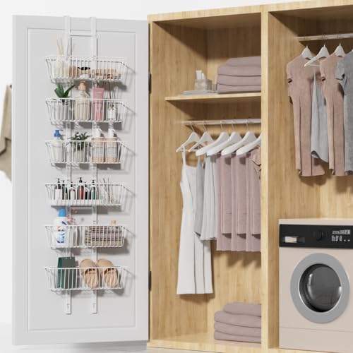 6 Tier Over the Door Pantry Organizer, Foldable Metal Over the Door Hanging Spice Rack with 6 Baskets, Adjustable Hanging Storage Rack for Kitchen, Bedroom, Laundry Room, Bathroom Essentials, White - My Kitchen Products