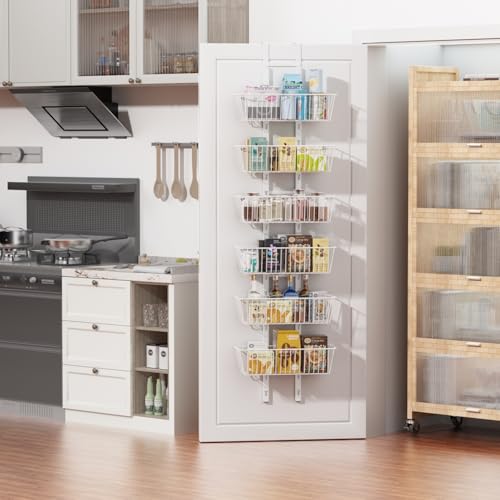 6 Tier Over the Door Pantry Organizer, Foldable Metal Over the Door Hanging Spice Rack with 6 Baskets, Adjustable Hanging Storage Rack for Kitchen, Bedroom, Laundry Room, Bathroom Essentials, White - My Kitchen Products