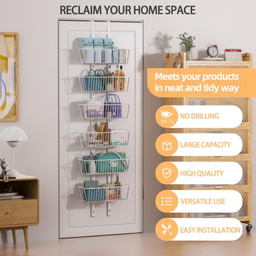 6 Tier Over the Door Pantry Organizer, Foldable Metal Over the Door Hanging Spice Rack with 6 Baskets, Adjustable Hanging Storage Rack for Kitchen, Bedroom, Laundry Room, Bathroom Essentials, White - My Kitchen Products