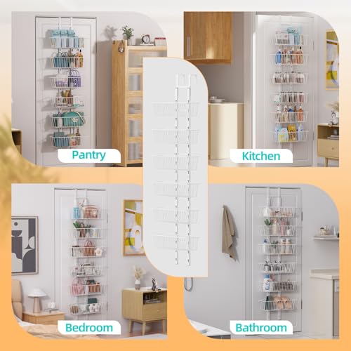 6 Tier Over the Door Pantry Organizer, Foldable Metal Over the Door Hanging Spice Rack with 6 Baskets, Adjustable Hanging Storage Rack for Kitchen, Bedroom, Laundry Room, Bathroom Essentials, White - My Kitchen Products