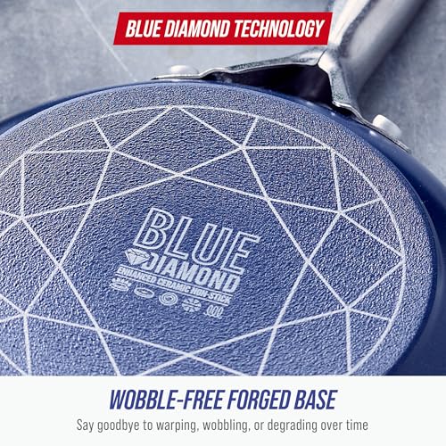 Blue Diamond 5QT Saute Pan with Lid, Non Toxic PFAS-Free Diamond Ceramic Nonstick, Dishwasher & Oven Safe, Metal Utensil Safe, Deep Jumbo Cooker Skillet with Helper Handle, Glass Lid, Blue