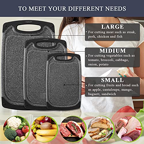 Viretang Plastic Cutting Boards Set of 3 for Kitchen, Thick Chopping Board with Deep Juice Grooves, Non‑Slip Feet, Easy Grip Handle, BPA Free, Dishwasher Safe,Black