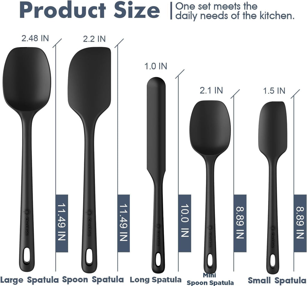 ChefAide 5 Pieces Silicone Spatula Set, Food Grade Rubber Spatula, Upgrade Strong Handle with Ergonomic Grip, Heat Resistant Up to 600°F for Nonstick Cookware, Cooking