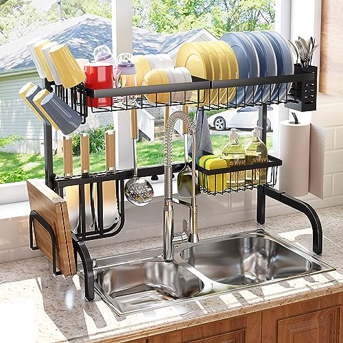SAYZH Over the Sink Dish Drying Rack, Adjustable (25.5 to 33.5 inch) 2 Tier Metal Steel Dish Drying Racks for Kitchen Counter with Hooks Paper Towel Utensil Cup Holder Sink Caddy (Black)