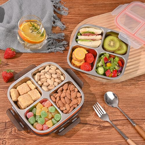 monoan 2 Pack Stainless Steel Snack Containers with Airtight Lids, 4 Compartment Food Storage Containers, Reusable Metal Meal Prep Lunch Boxes, Dishwasher Safe, Divided Plates for Adults (Black)