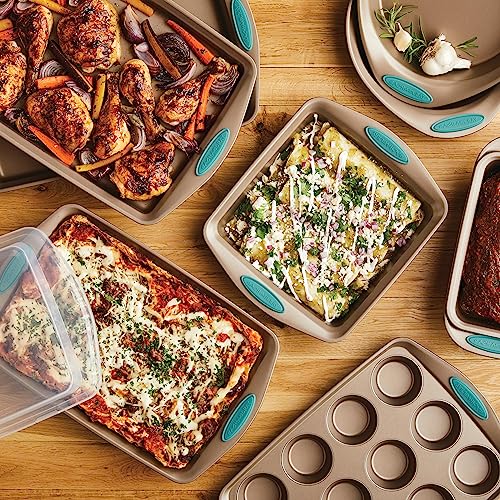 Rachael Ray 47578 Cucina Nonstick Bakeware Set with Grips Includes Nonstick Bread Pan, Baking Sheet, Cookie Sheet, Baking Pans, Cake Pan and Muffin Pan - 10 Piece, Latte Brown with Agave Blue Grips