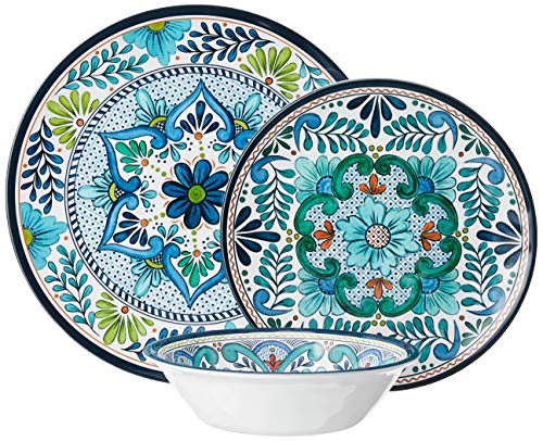 Talavera Melamine 12-Piece Dinnerware Set – Multicolored Plates and Bowls for 4, Spanish Tile-Inspired, Durable, Lightweight, Shatterproof, Dishwasher Safe, Indoor Outdoor Tableware