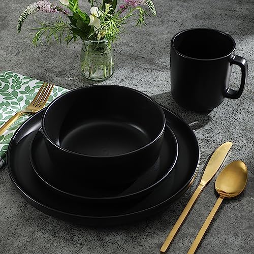 Gibson Home Zuma Stoneware Plates, Bowls, & Mugs Dinnerware Set - Matte Black, Service for Four (16pcs)