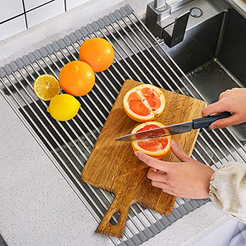 SunCleanse Roll-Up Dish Rack 17.8" x 15" Grey Over Sink Drainer Foldable