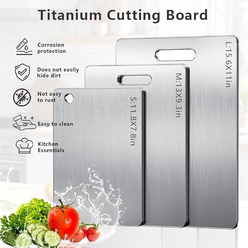 UFJEG Titanium Cutting Board, 3 PCS Titanium Cutting Boards for Kitchen, Non Toxic, Double-Sided Food Grade Chopping Board for Outdoor Camping(15.6" x 11", 13" x 9.3", 11.8" x 7.8")