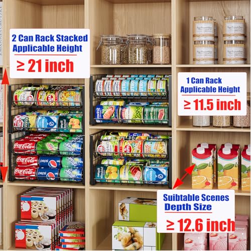 JKsmart 2-Tier Stackable Can Rack Organizer for Pantry, Adjustable Can Dispenser Holds Up to 60 Cans, Can Storage Holder for Various Ounces of Canned Food Soda Drinks, Black, 2 Pack