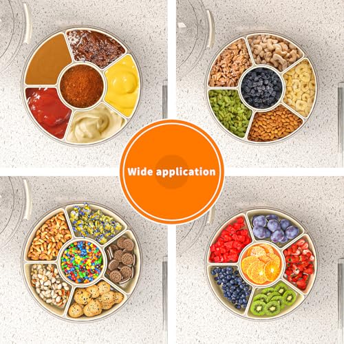 riyeloi Divided Serving Tray with Lid and Handle, Stackable Snackle Box Container for Fruits Candy Organizer, Portable Spinning Rounded Veggie Tray for Kitchen, Party, Trave and Picnic-1 PACK