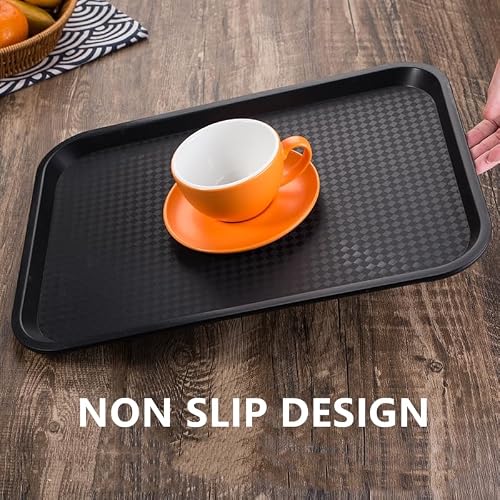 Zentriqlla 12 Pack Cafeteria Trays, 13 x 10 Inch Plastic Fast Food Serving Trays, Restaurant Black Stackable Serving Platter for Kitchen, Party, Dining
