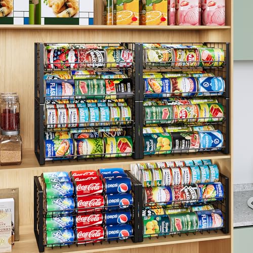 JKsmart 2-Tier Stackable Can Rack Organizer for Pantry, Adjustable Can Dispenser Holds Up to 60 Cans, Can Storage Holder for Various Ounces of Canned Food Soda Drinks, Black, 2 Pack