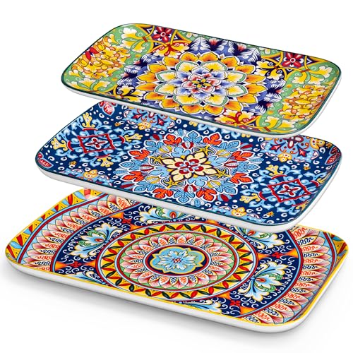vancasso Serving Platters Set of 3, 16"/14"/12" Inch Rectangular Trays - Extra Large, Ceramic Bohemian Serving Dish for Entertaining Food, Microwave & Dishwasher Safe, Vintage