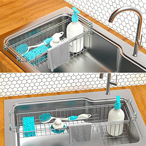 FavoThings Over the Sink Caddy, Expandable Stainless Steel Sponge Holder for Kitchen Sink, 14.5-22 in Sink Organizer Rack for Sponge, Soap, Brush, Dish Cloth and Rag, Rust-Resistant Drying Holder